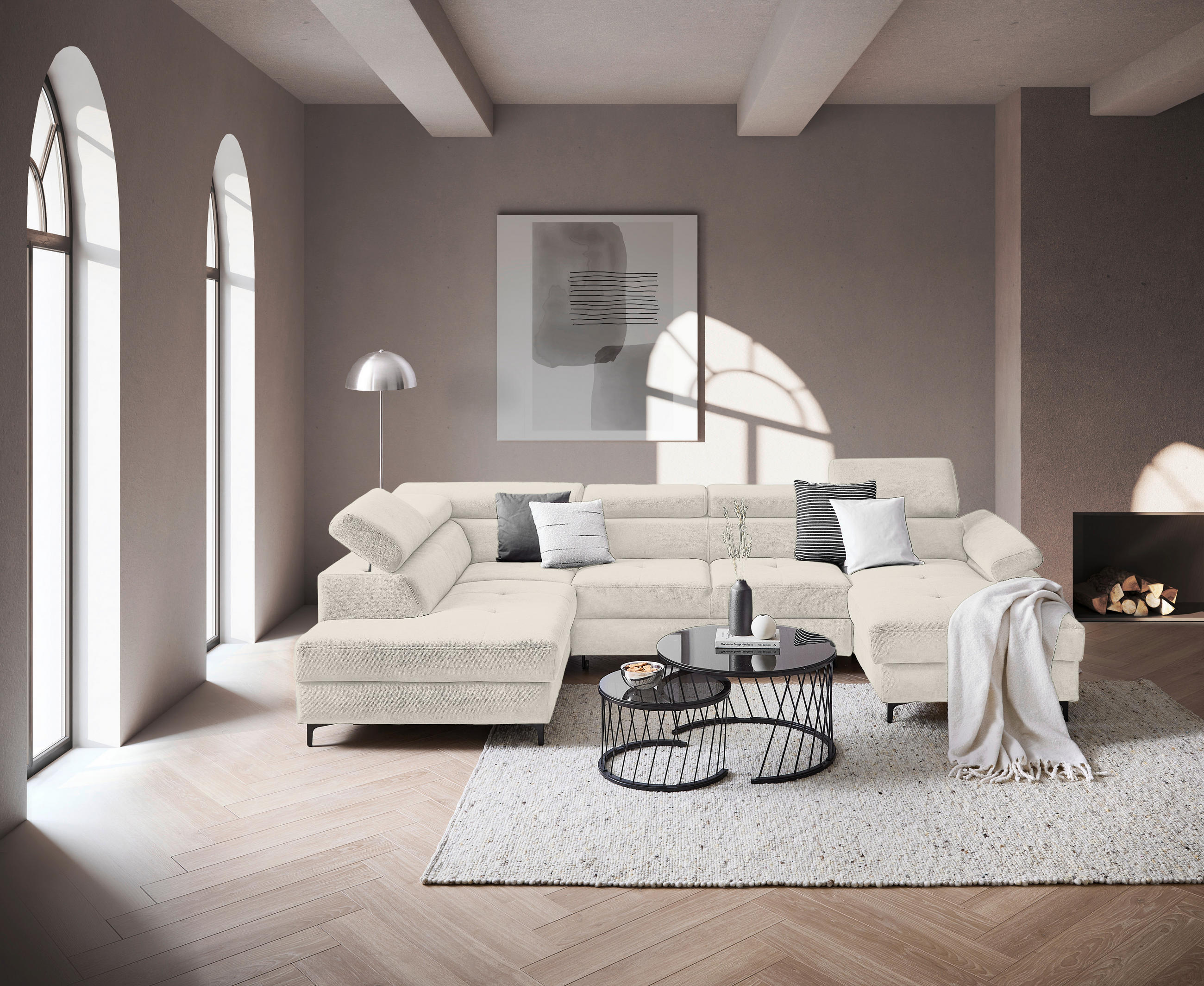 SOFFA i flatväv beige  - beige/svart, Modern, metall/textil (206/333/180cm) - Livetastic
