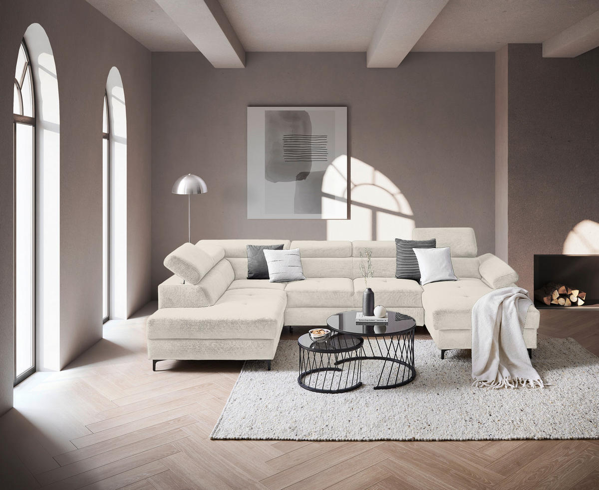 WOHNLANDSCHAFT inkl. Funktion Beige Flachgewebe  - Beige/Schwarz, MODERN, Textil/Metall (206/333/180cm) - Stylife