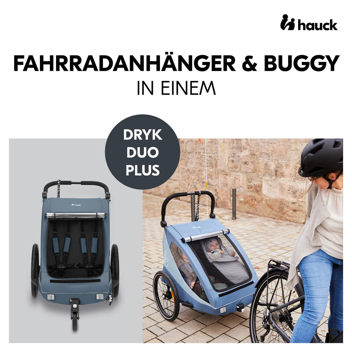 FAHRRADANHÄNGER   Dryk Duo Plus  - Graublau/Schwarz, Basics, Kunststoff/Textil (79/107/114cm) - Hauck