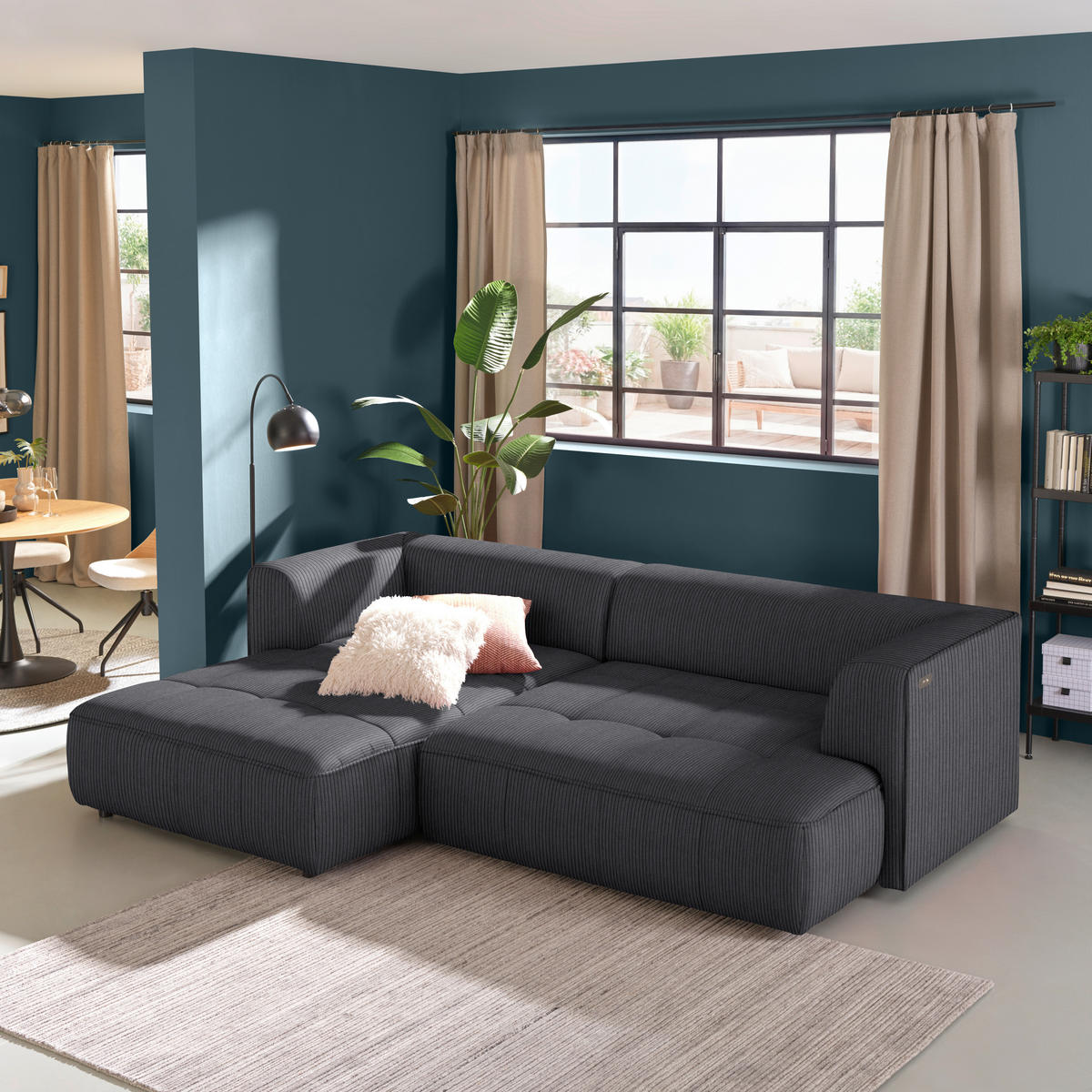 ECKSOFA Feincord Dunkelgrau  - Dunkelgrau/Schwarz, Design, Kunststoff/Textil (188/288cm) - Welnova