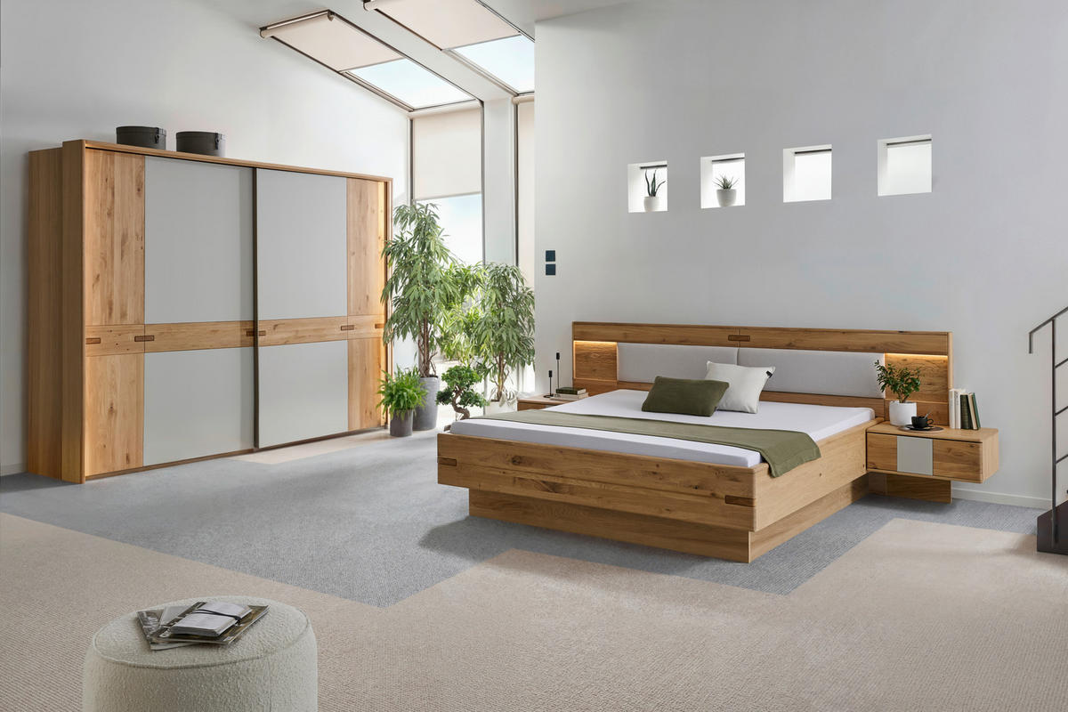 SCHWEBETÜRENSCHRANK  in Kaschmir, Eiche Bianco  - Kaschmir/Eiche Bianco, Design, Glas/Holz (296/214/67cm) - Linea Natura