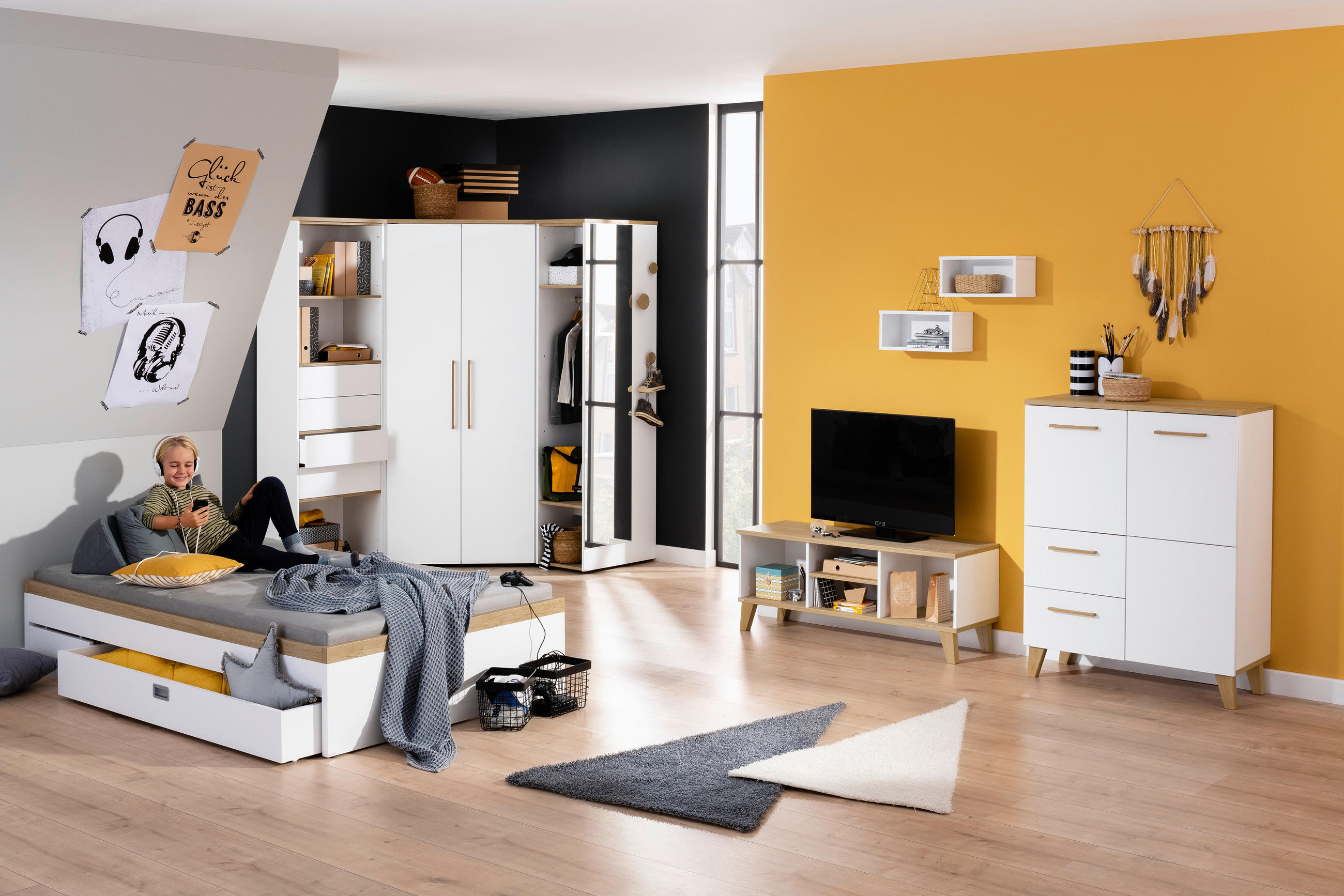 Thumbnail - Paidi Highboard, Weiß, Eiche, Holzwerkstoff, Eiche, massiv, 5 Fächer, 2 Schubladen, 94.8x120.6x39.9 cm, Blauer Engel, Go...