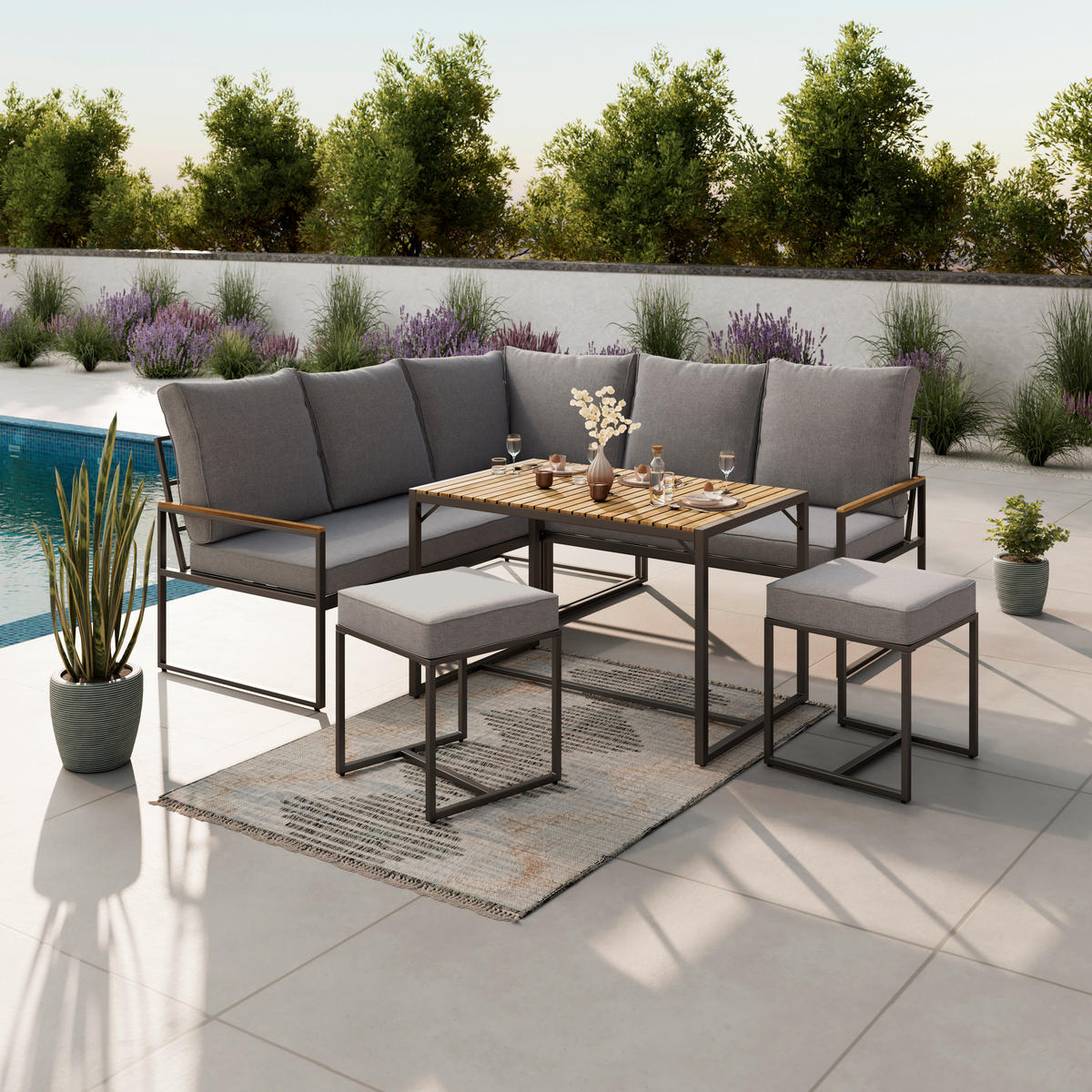 DINING-LOUNGESET   - Schwarz/Akaziefarben, Design, Holz/Textil (205/205cm) - Ambia Garden