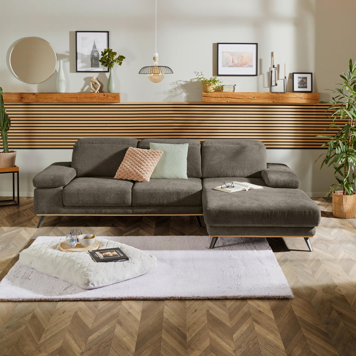 ECKSOFA in Struktur Olivgrün  - Schwarz/Olivgrün, Modern, Textil/Metall (283/194cm) - MID.YOU