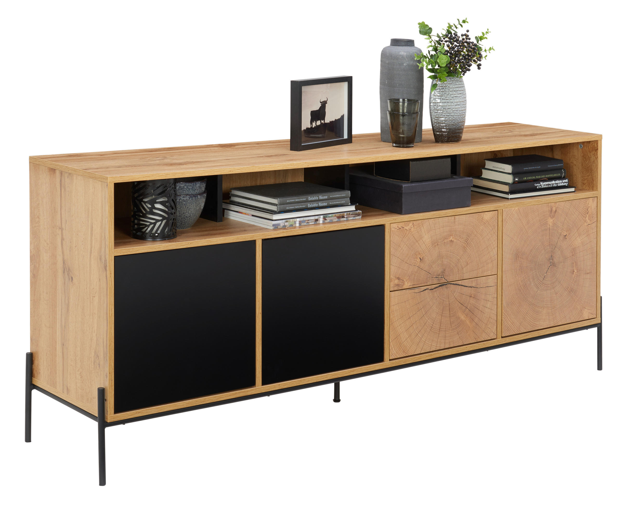 Comodă Cu Uși 170/74/40 cm  - culoare lemn stejar/negru, Design, metal/material pe bază de lemn (170/74/40cm) - Carryhome