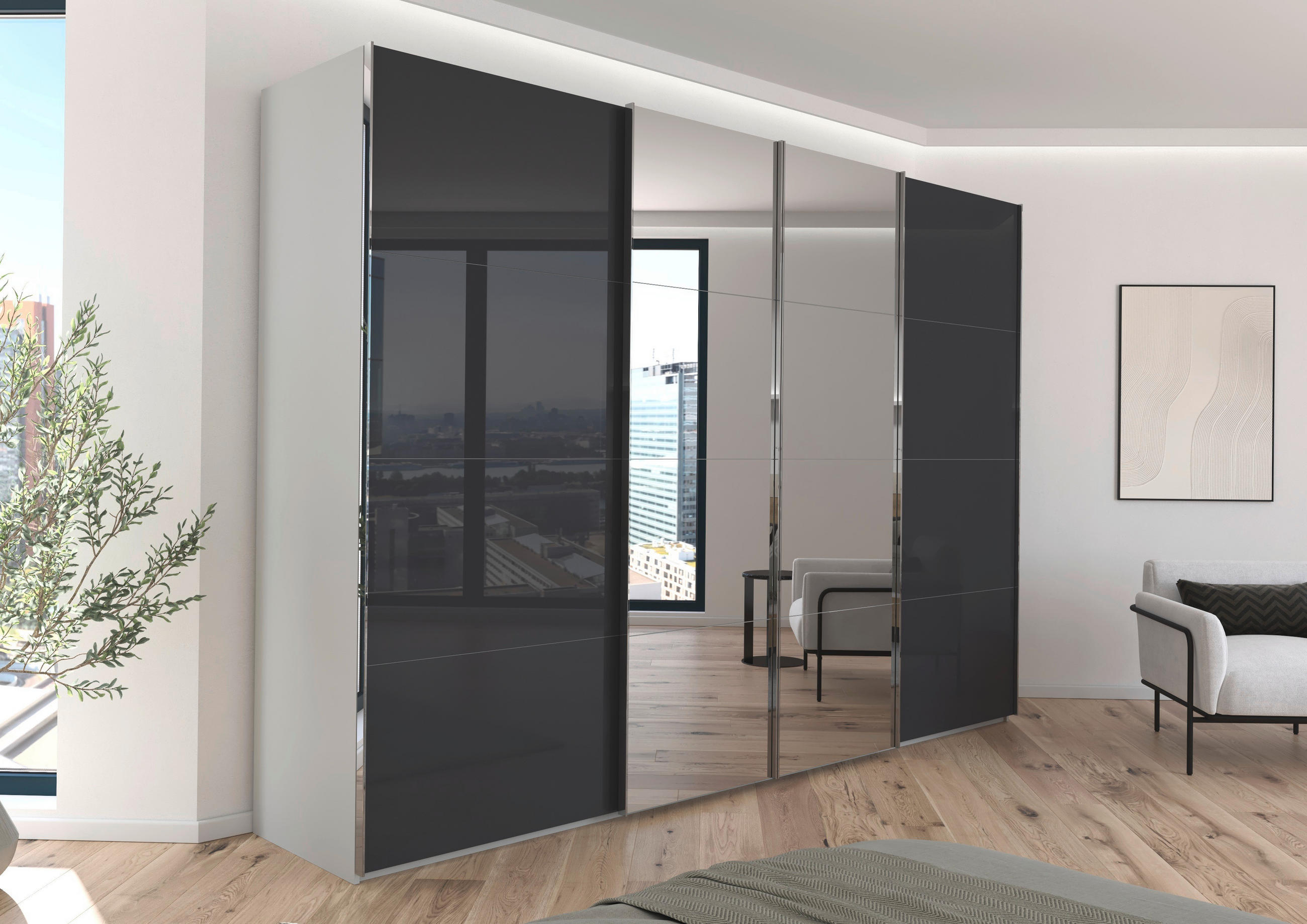 SCHWEBETÜRENSCHRANK 316/223/68 cm 4-türig Schwarz, Seidengrau  - Chromfarben/Seidengrau, Design, Glas/Holzwerkstoff (316/223/68cm) - Novel