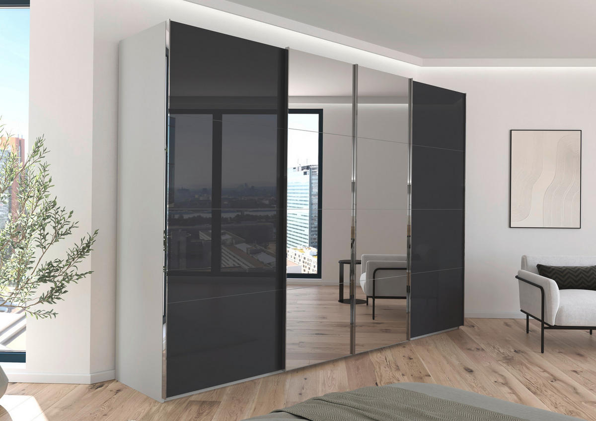 SCHWEBETÜRENSCHRANK 316/235/68 cm 4-türig Schwarz, Seidengrau  - Chromfarben/Seidengrau, Design, Glas/Holzwerkstoff (316/235/68cm) - Novel