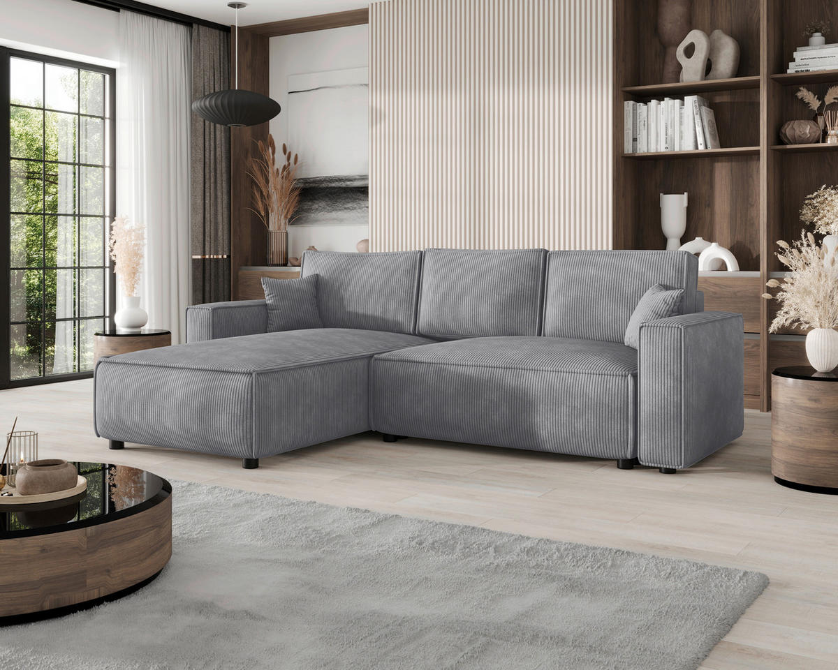ECKSOFA Grau Cord Zierkissen, Rückenkissen, Bettkasten, Schlaffunktion, Rücken echt, Liegefläche im Originalstoff  - Schwarz/Grau, MODERN, Kunststoff/Textil (190/280cm) - Carryhome