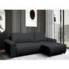 MID.YOU ECKSOFA Schwarz Struktur, rechts davon: Webteppich in schwarz, Gardine, Store in dunklem Wohnzimmer.