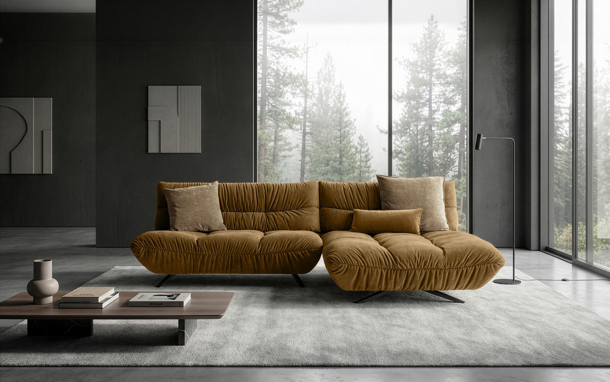ECKSOFA Beigebraun Chenille Rücken echt, Sitztiefenverstellung  - Beigebraun/Schwarz, Design, Textil/Metall (295/178cm) - Belluti