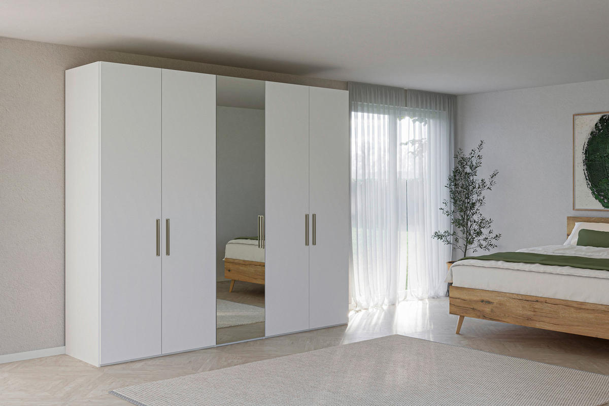 DREHTÜRENSCHRANK 253/220/59 cm,  in Weiß, 5-türig  - Edelstahlfarben/Weiß, Design, Glas/Holzwerkstoff (253/220/59cm) - Jutzler