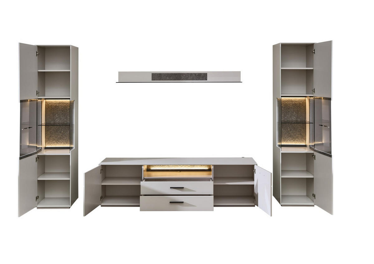 WOHNWAND  in Hellgrau, Sahara  300/204/45 cm  - Hellgrau/Schwarz, Design, Glas/Holzwerkstoff (300/204/45cm) - Novel