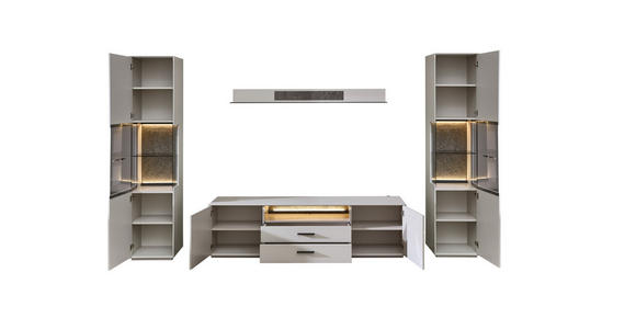 WOHNWAND in Hellgrau, Sahara 300/204/45 cm - Hellgrau/Schwarz, Design, Glas/Holzwerkstoff (300/204/45cm) - Novel