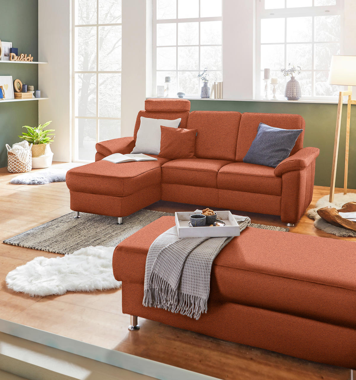 ECKSOFA in Flachgewebe Terracotta  - Chromfarben/Terracotta, Konventionell, Textil/Metall (163/220cm) - Beldomo System