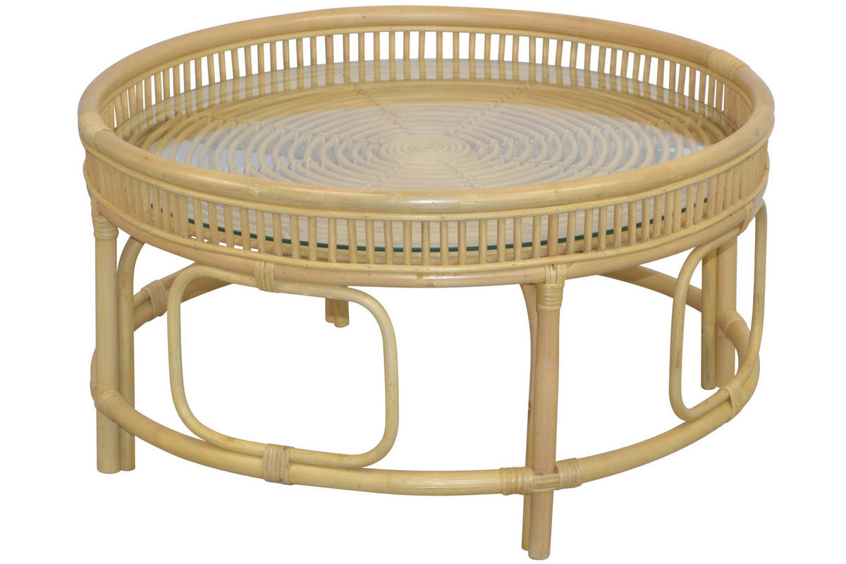 COUCHTISCH Rattan massiv Sicherheitsglas 75/75/41 cm rund Beige  - Beige, Design, Glas/Holz (75/75/41cm) - MID.YOU