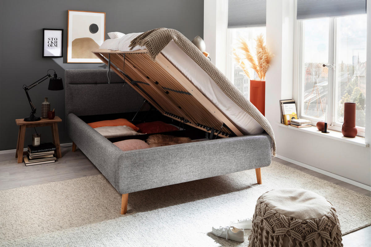 LIT REMBOURRÉ 140/200 cm  in Grau  - Eichefarben/Birkefarben, Konventionell, Holz/Textil (140/200cm) - Boxxx