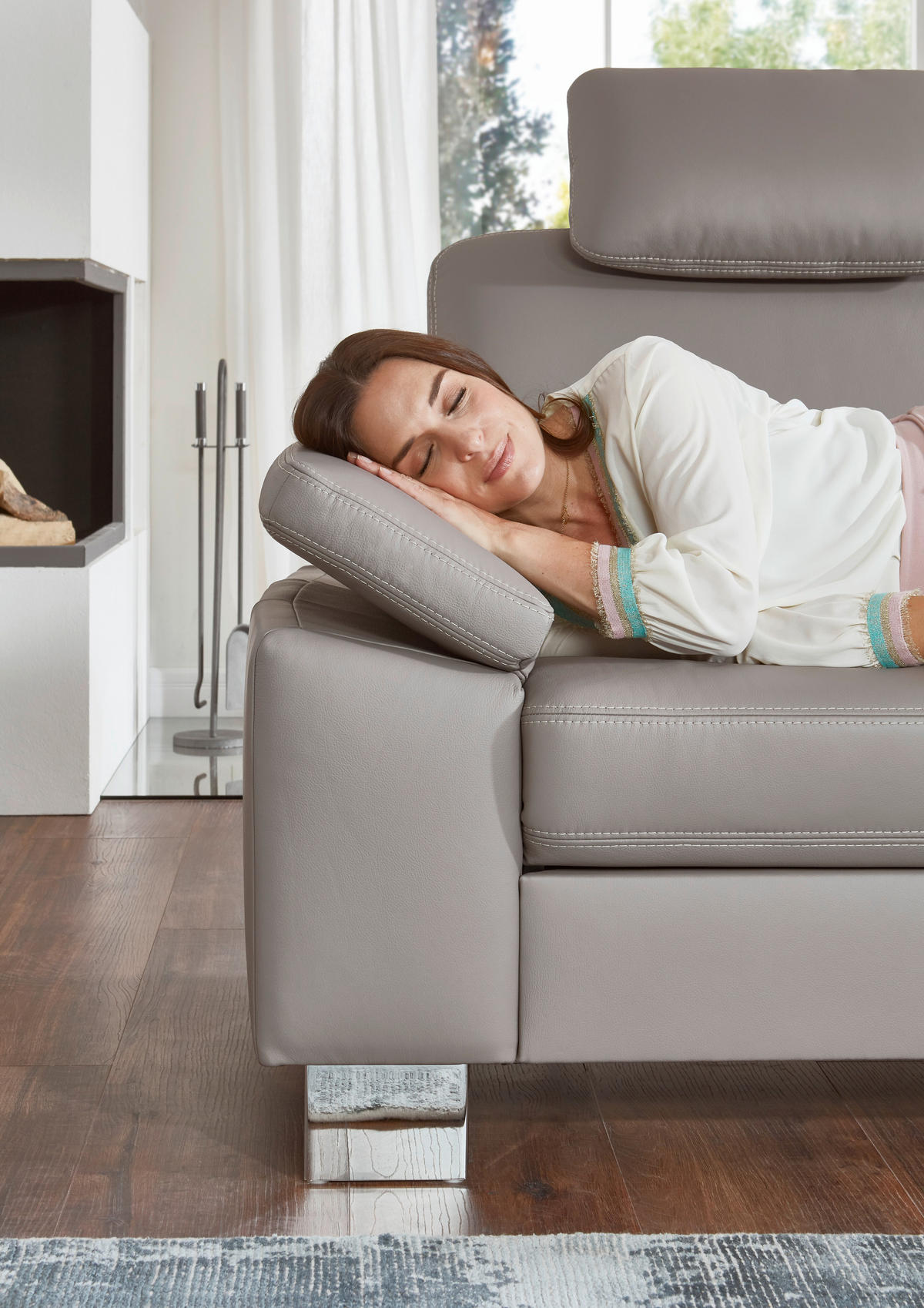 ECKSOFA in Echtleder Grau  248/235 cm  - Beige/Alufarben, Design, Leder/Metall (248/235cm) - Beldomo Premium