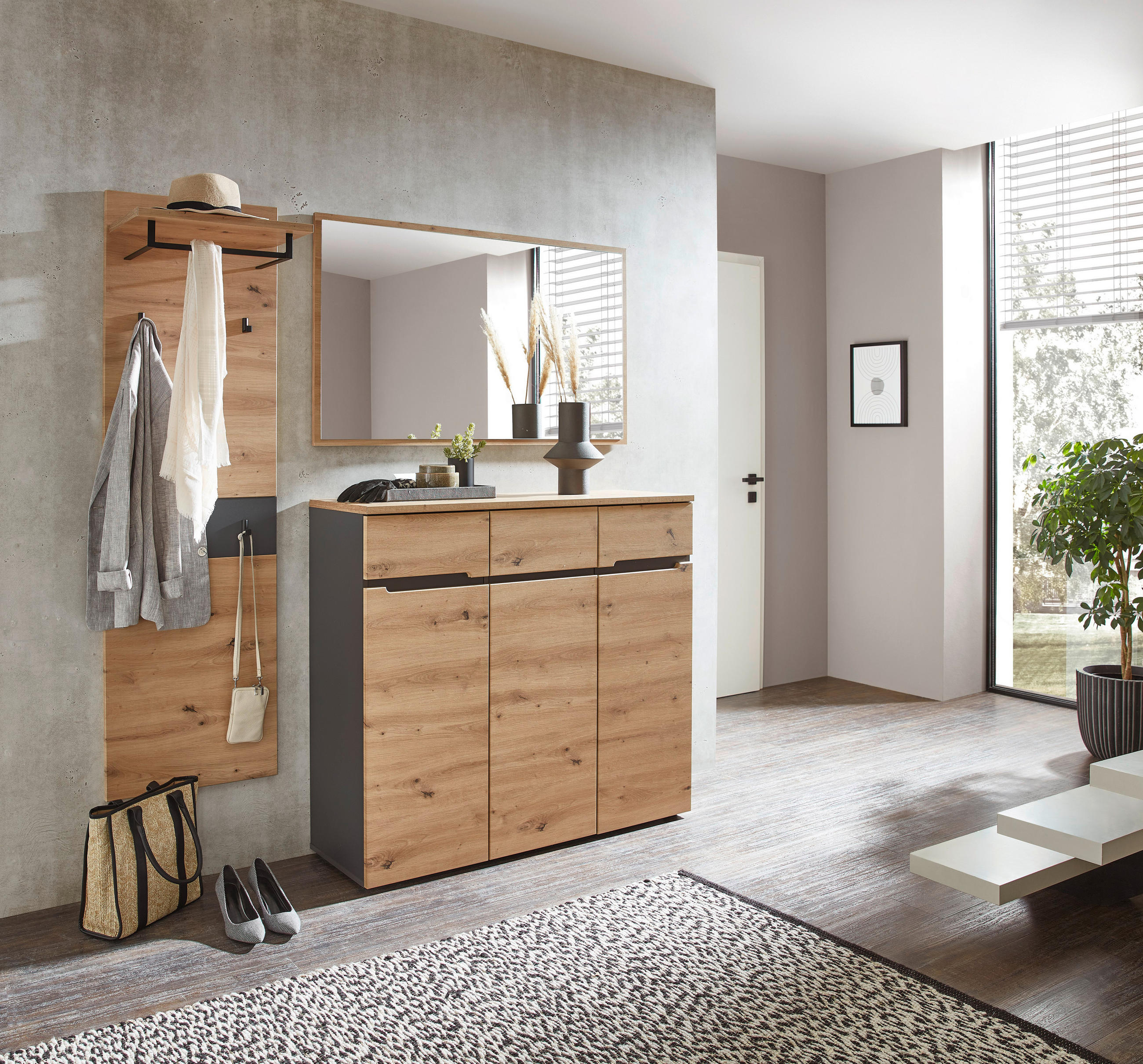 GARDEROBE 3-teilig  in 181/190/38 cm  - Graphitfarben/Eiche Artisan, Design, Glas/Holzwerkstoff (181/190/38cm) - Voleo
