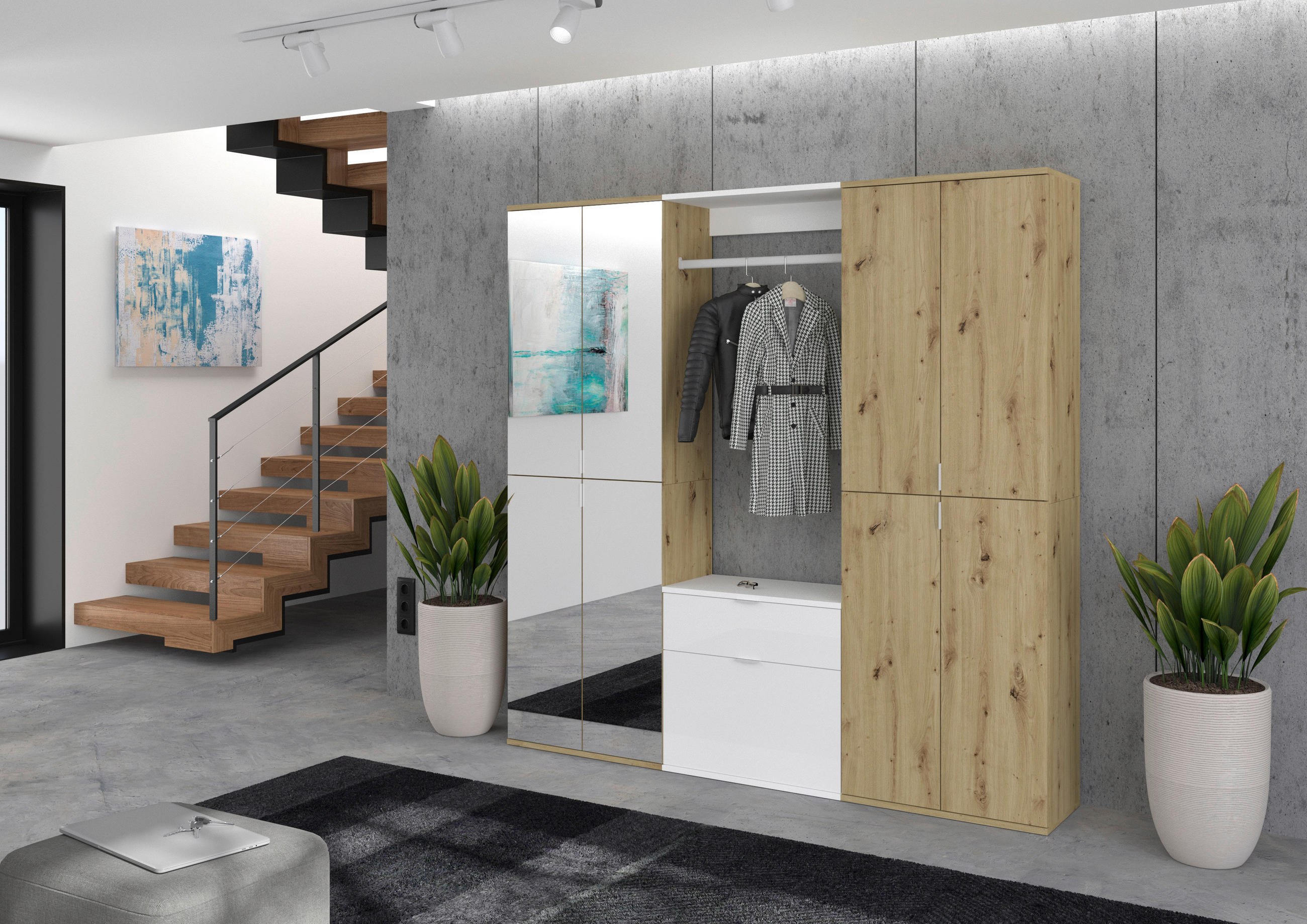 Thumbnail - Mid.you Garderobe, Weiß Hochglanz, Glas, Holzwerkstoff, 3-teilig, 1 Schublade(n) Schubladen, 183x193x34 cm, FSC Mix, Gar...