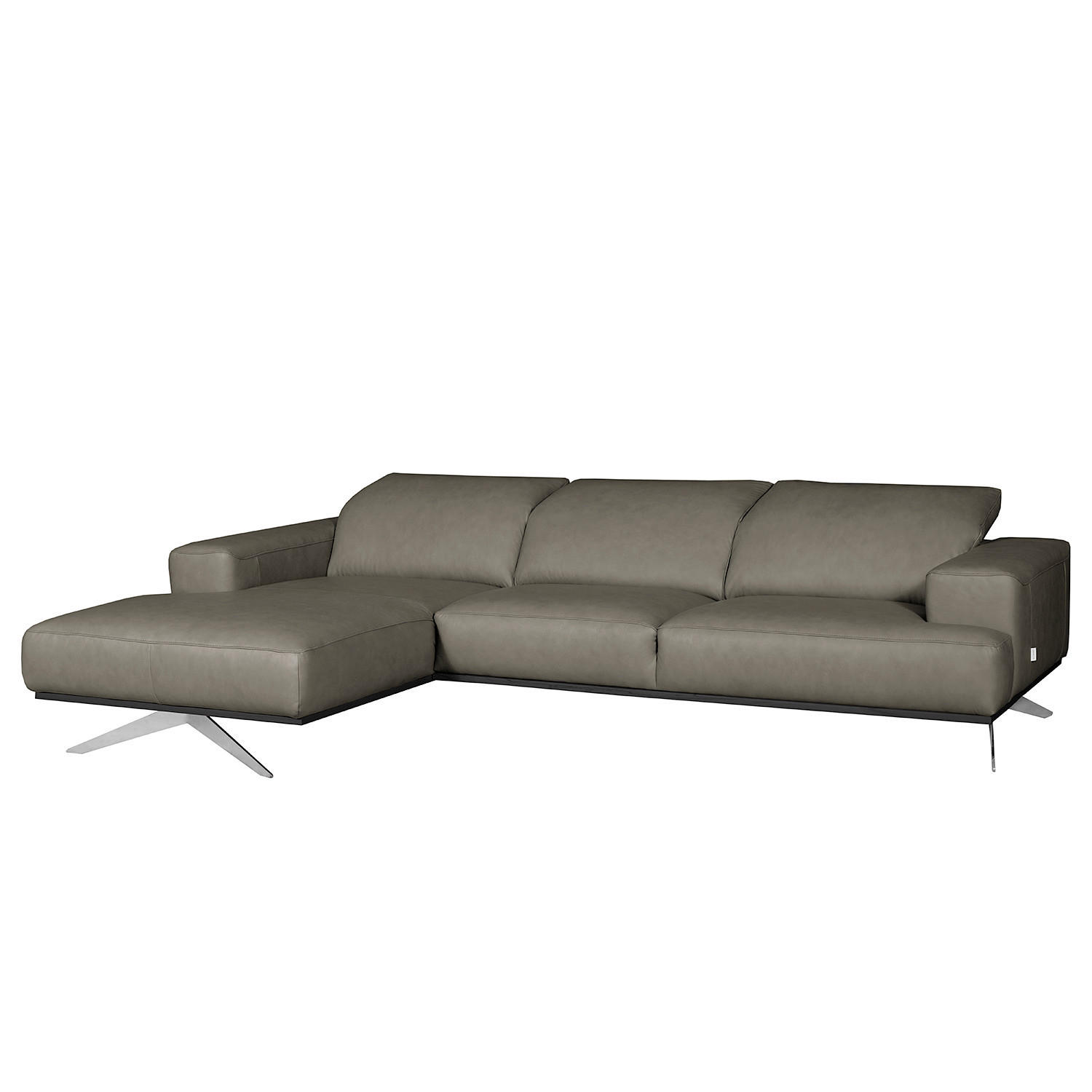 ECKSOFA Grau Echtleder Rücken echt, Kopfteilverstellung  - Chromfarben/Grau, Design, Leder/Metall (187/295cm) - Livetastic