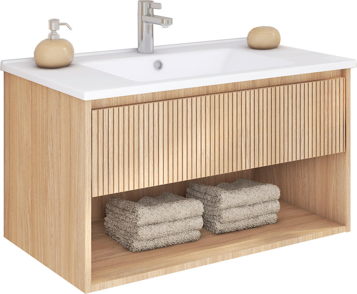 UMIVAL. ENOTA Z UMIVALNIKOM 80/50/46 cm  - barve hrasta/bela, Moderno, leseni material/keramika (80/50/46cm) - Ti'me