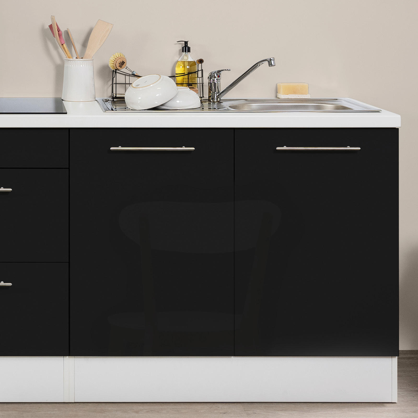 KÜCHENBLOCK 270 cm   in Schwarz, Weiss  - Weiss/Edelstahlfarben, Konventionell, Holzwerkstoff/Metall (270cm) - Respekta