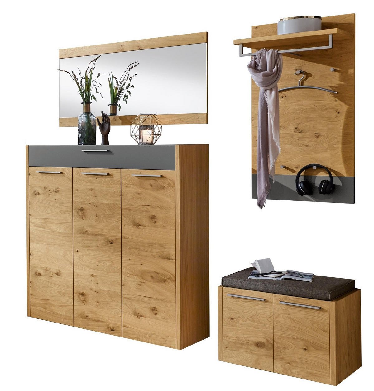 GARDEROBE 5-teilig  in 205/195/41 cm  - Eichefarben/Anthrazit, Design, Glas/Holz (205/195/41cm)