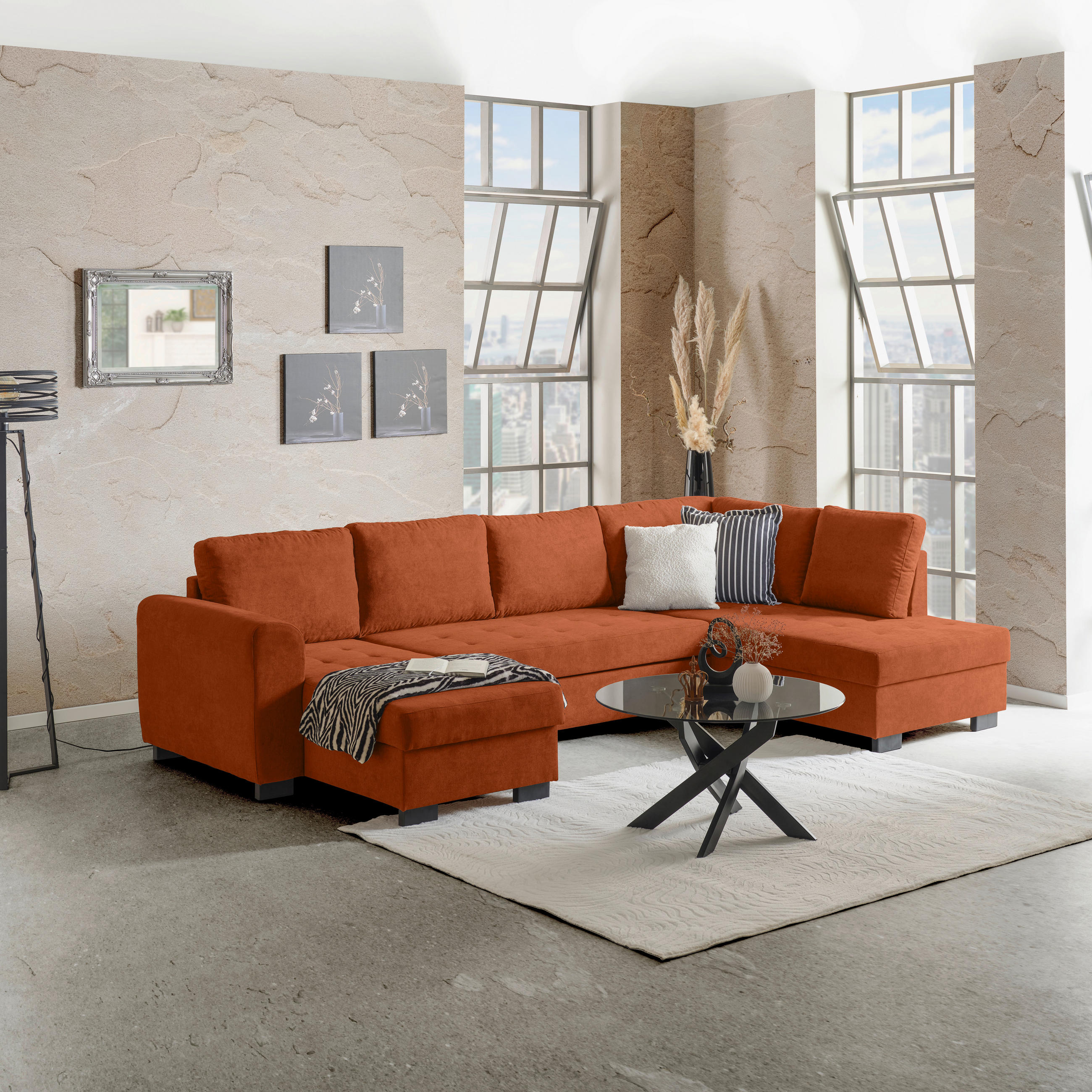 WOHNLANDSCHAFT Terracotta Mikrofaser  - Terracotta/Schwarz, MODERN, Kunststoff/Textil (155/305/178cm) - P & B