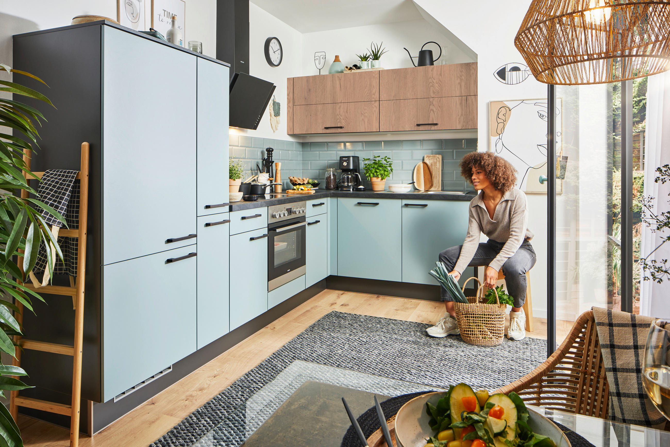 ECKKÜCHE XO 15 305/185 cm  in Eichefarben, Pastellblau  - Pastellblau/Eichefarben, Design, Holzwerkstoff/Metall (305/185cm) - Xora