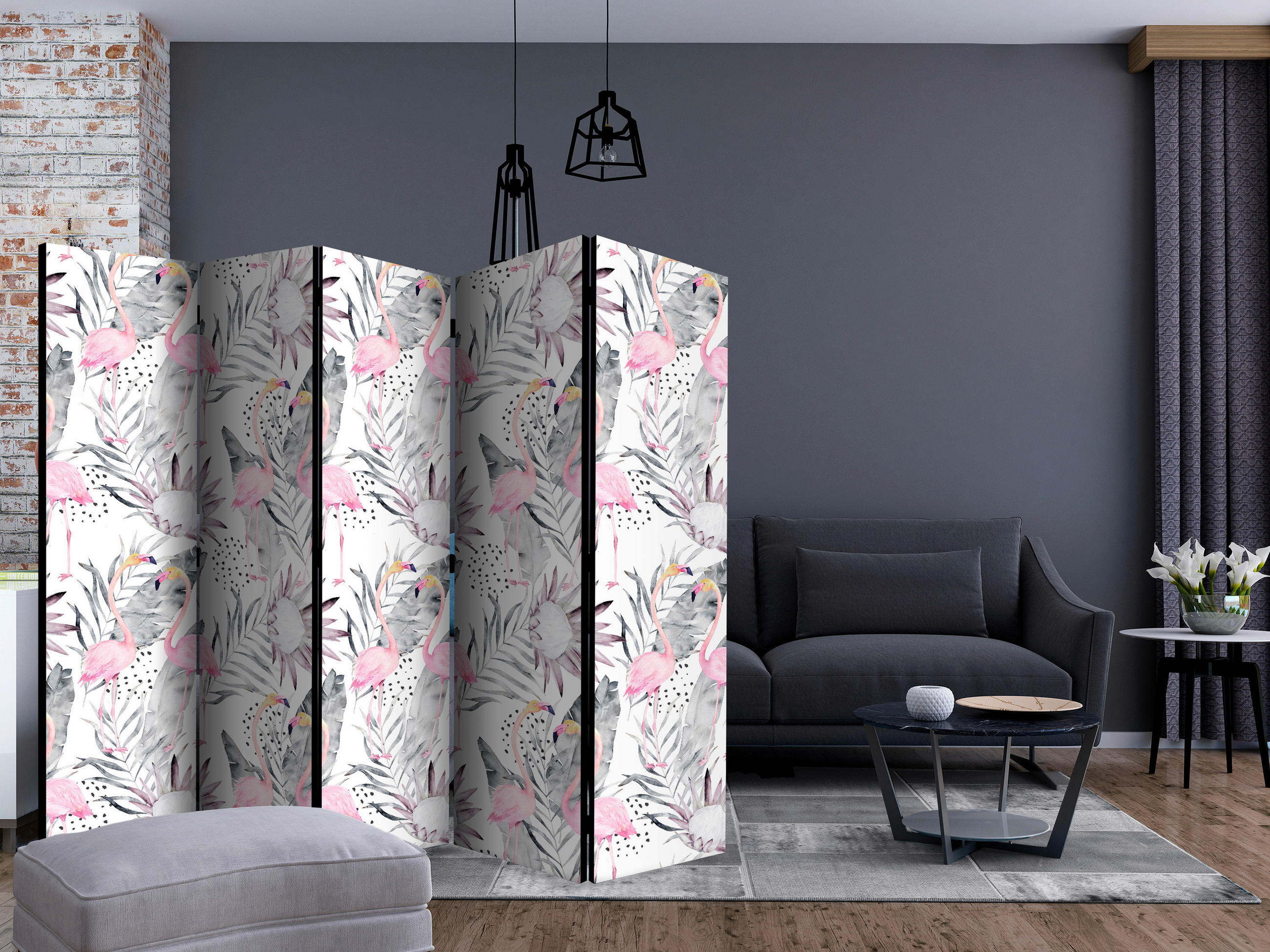 Thumbnail - artgeist Paravent, Weiß, Hellrosa, Holz, Textil, Kiefer, massiv, Flamingo, 225x172x3 cm, Motiv auf Vorder- und Rückseite...