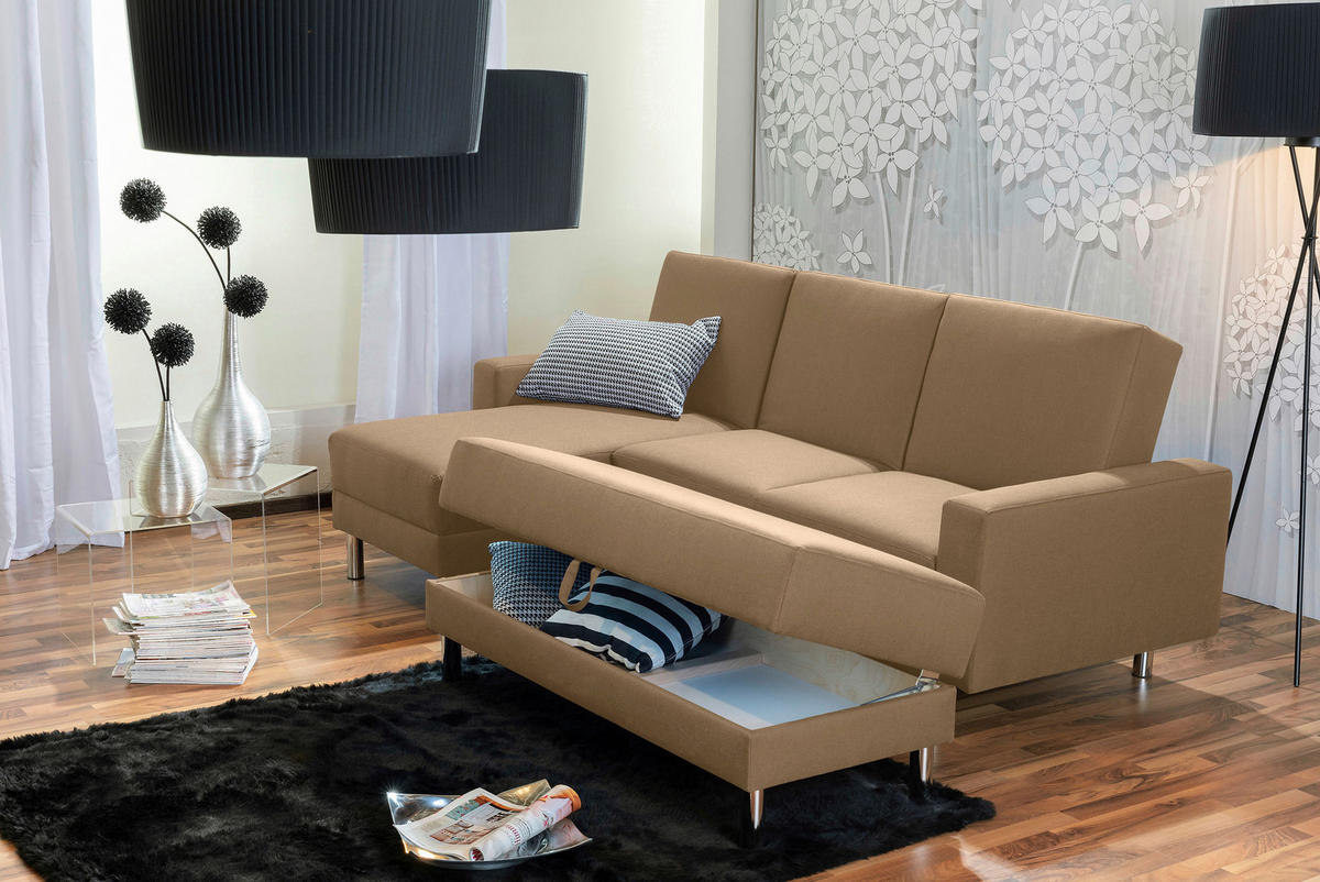 ECKSCHLAFSOFA inkl. Hocker in Sandfarben Textil   - Sandfarben/Chromfarben, Konventionell, Textil/Metall (152/230cm) - Max Winzer