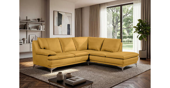 ECKSOFA Senfgelb Echtleder  - Chromfarben/Senfgelb, Design, Leder/Metall (242/224cm) - Novel