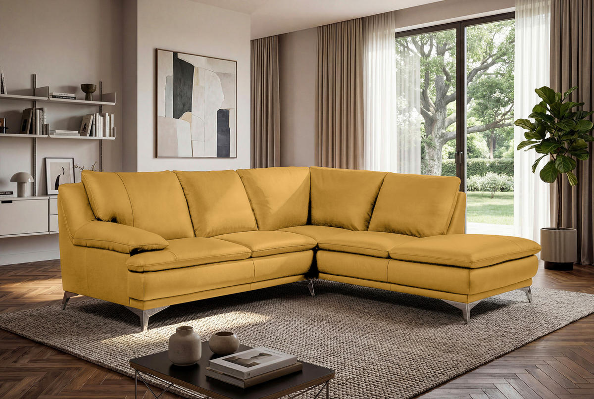 ECKSOFA Senfgelb Echtleder  - Chromfarben/Senfgelb, Design, Leder/Metall (242/224cm) - Novel