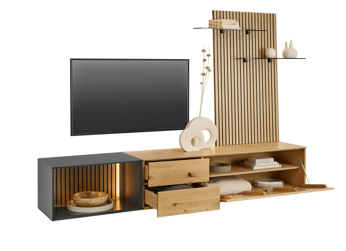 WOHNWAND 3-teilig  in Anthrazit, Eichefarben  261/160/50 cm  - Eichefarben/Anthrazit, Design, Glas/Holz (261/160/50cm) - Dieter Knoll