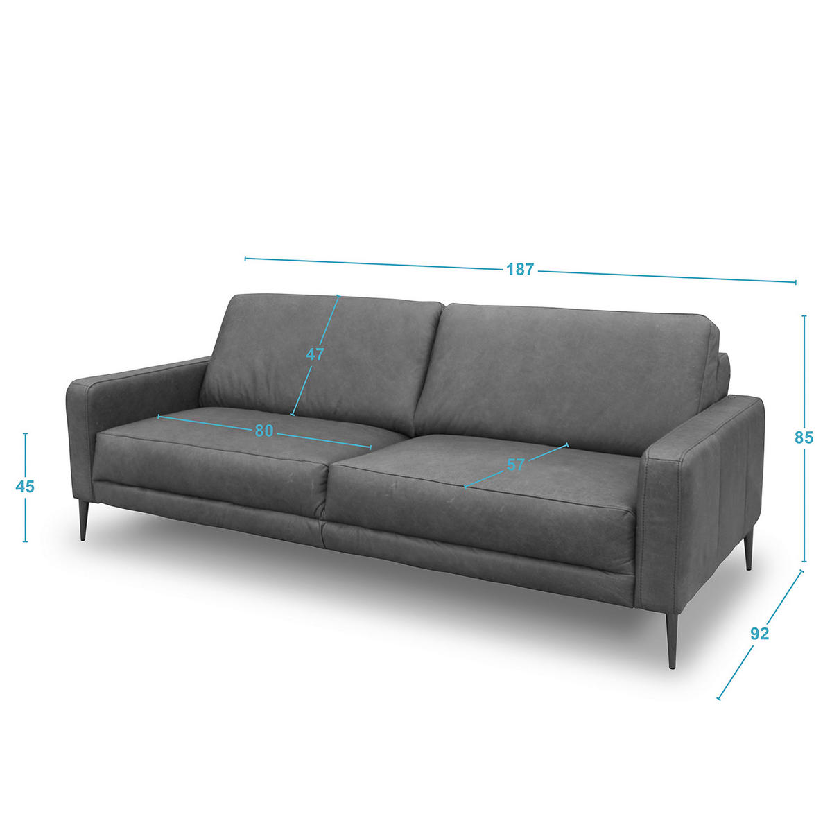 3-SITZER-SOFA in Echtleder Cognac  - Cognac/Schwarzchrom, Design, Leder/Metall (187/85/92cm) - Livetastic