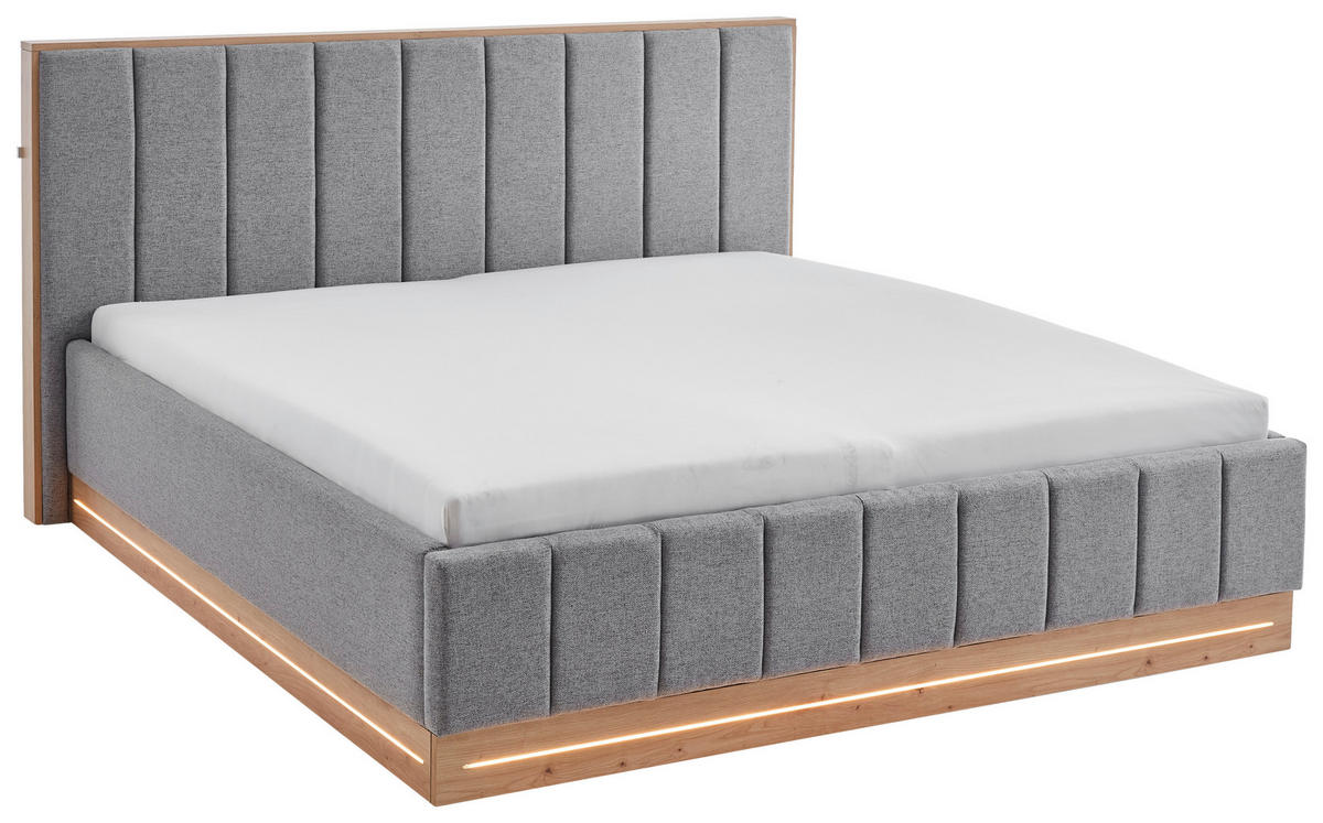 POLSTERBETT 180/200 cm,  in Grau, Beleuchtung,  - Eichefarben/Grau, Design, Holzwerkstoff/Textil (180/200cm) - Stylife