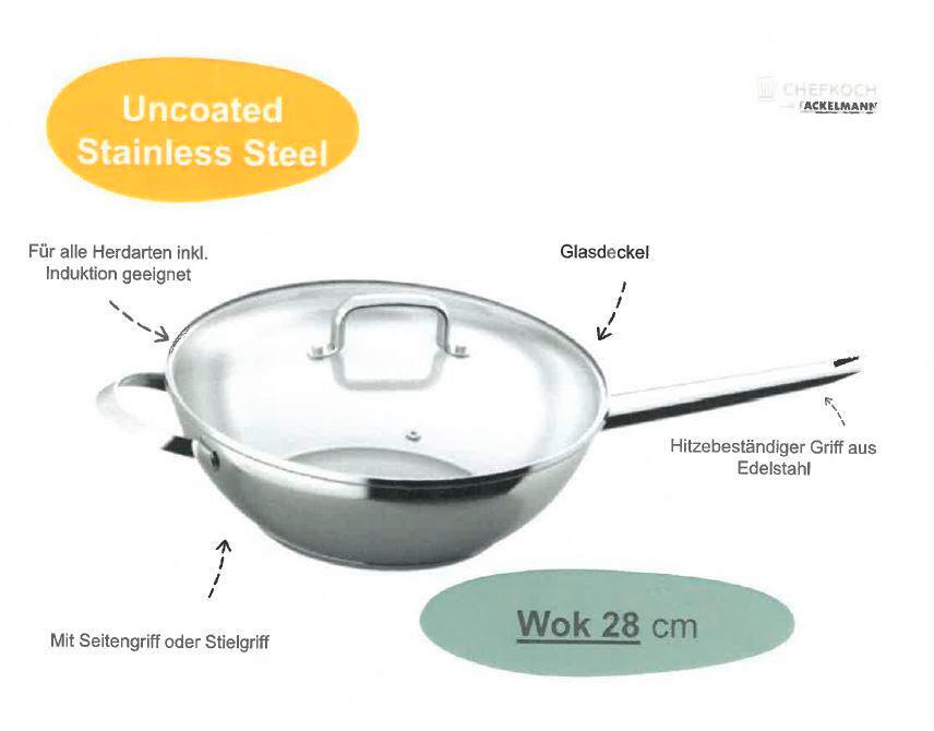 PÁNEV WOK, 28 cm  - čiré/barvy nerez oceli, Basics, kov/sklo (28cm) - Chefkoch+Fackelmann