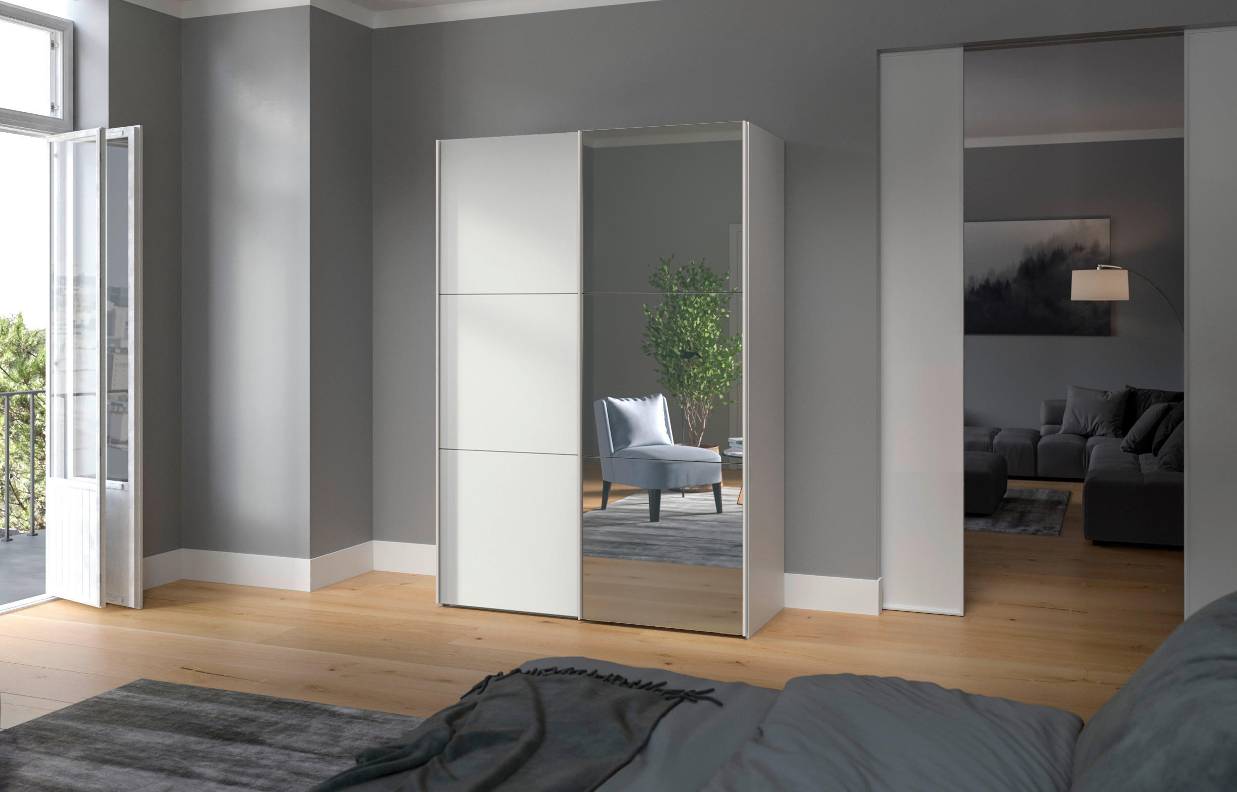 SCHWEBETÜRENSCHRANK 152/195/65 cm 2-türig Weiß  - Edelstahlfarben/Weiß, Design, Glas/Holzwerkstoff (152/195/65cm) - Boxxx