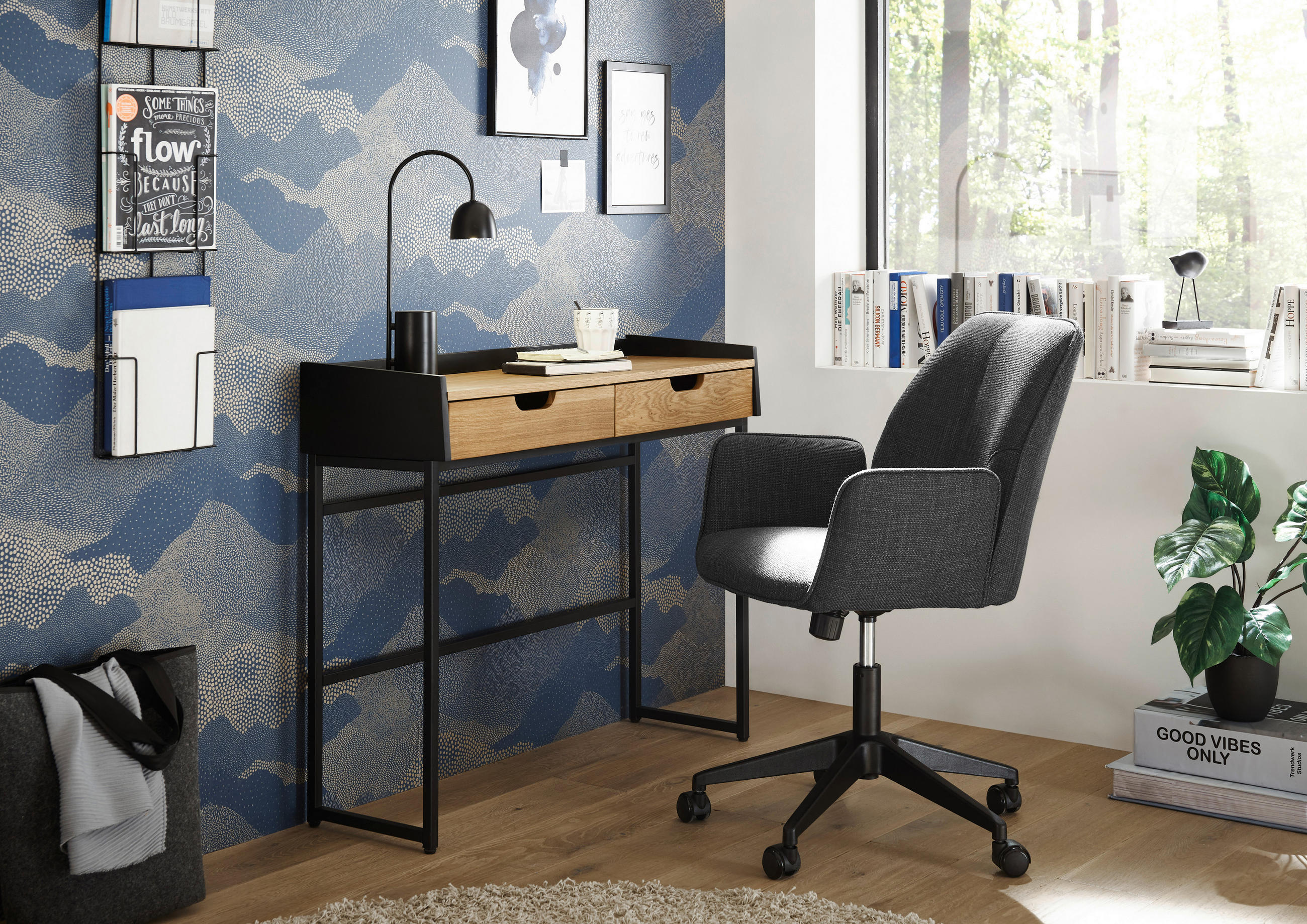 KONSOLENTISCH Eiche furniert, massiv Schwarz, Eichefarben  - Eichefarben/Schwarz, Natur, Holz/Holzwerkstoff (100/35/84cm)