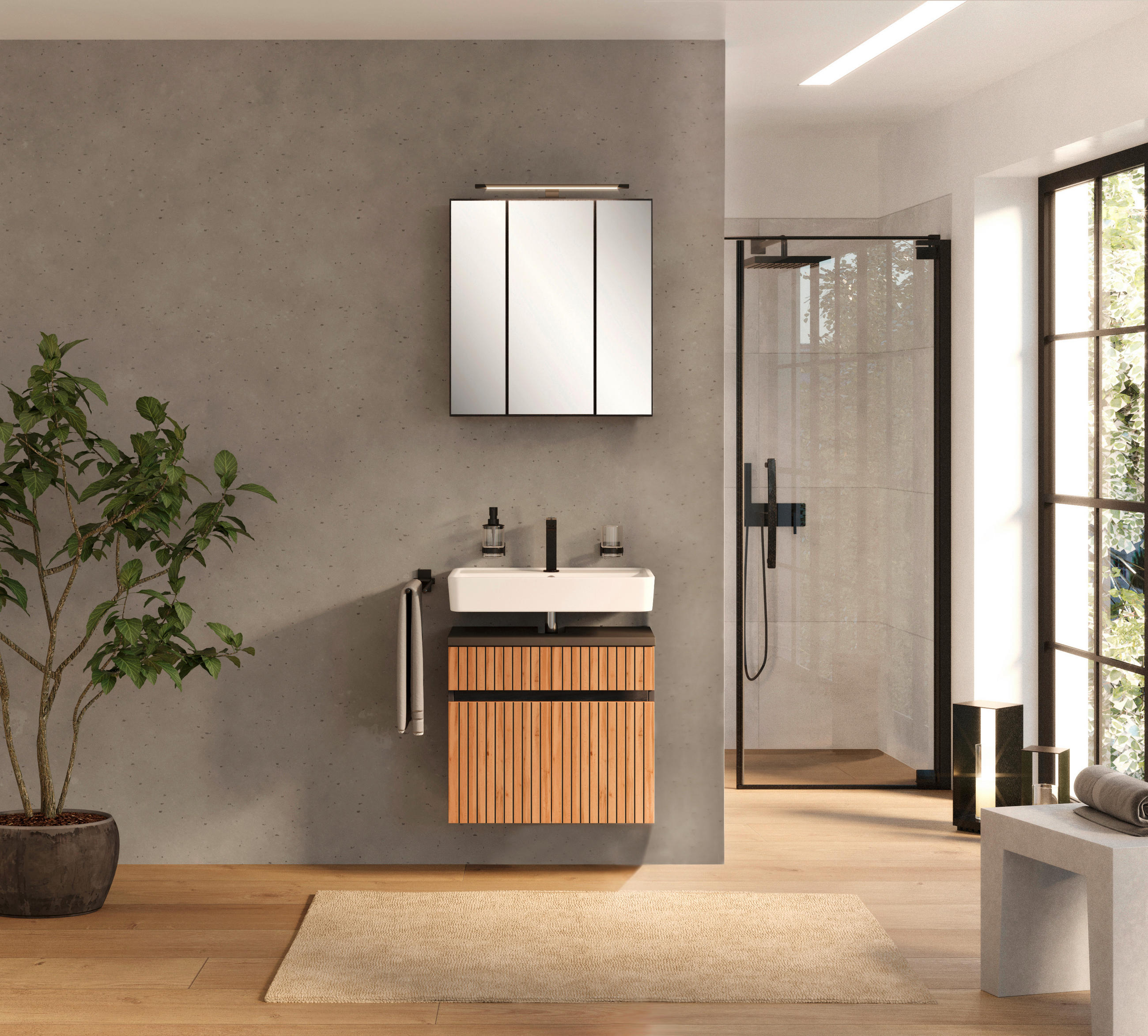 Thumbnail - Xora Waschbeckenunterschrank Hanoi, Graphit, Schwarz, Eiche Wotan, Holzwerkstoff, Streifen, 60x54x35 cm, Made in Germany...