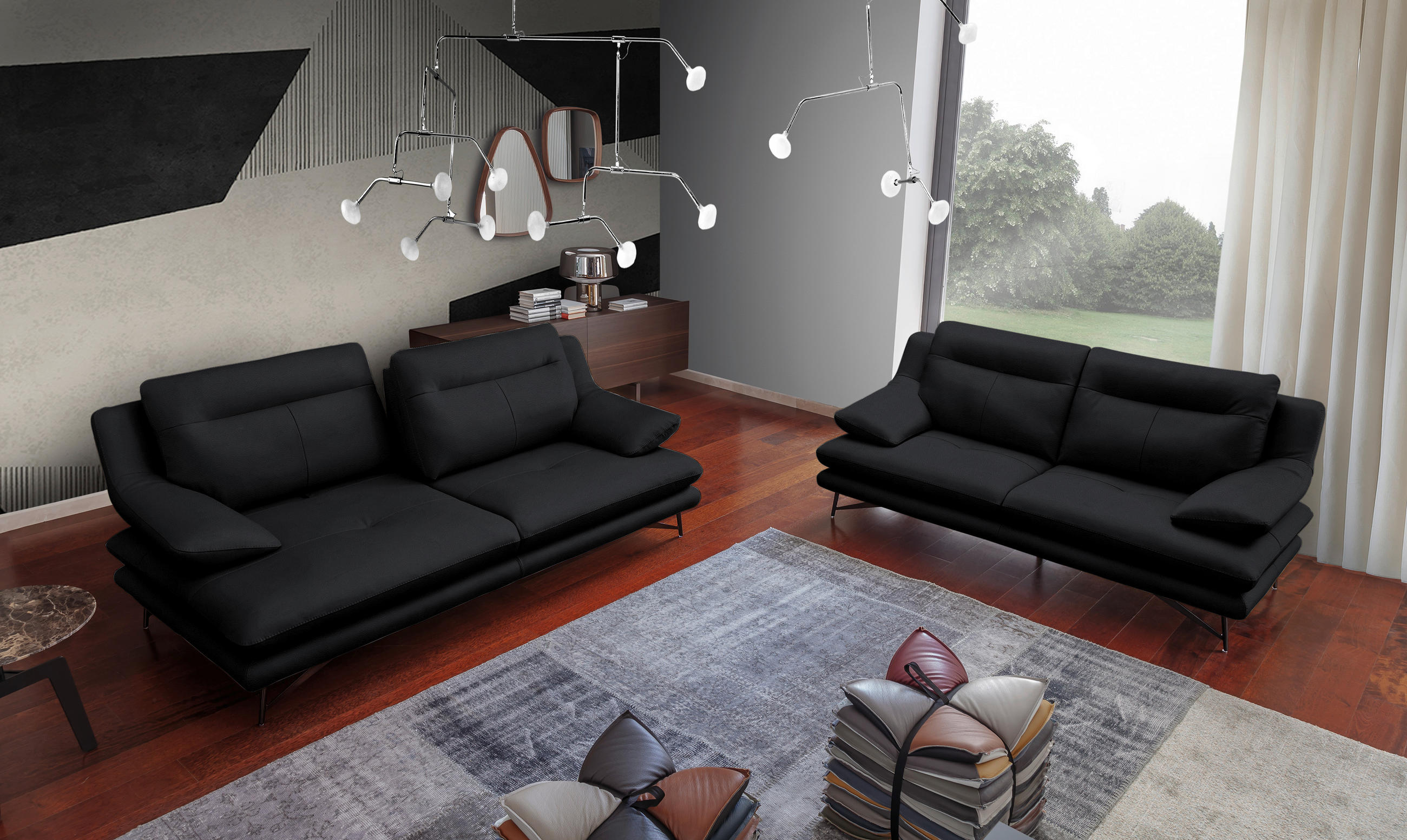 3-SITZER-SOFA in Leder Schwarz  - Schwarz, Design, Leder/Metall (215/90/109cm)