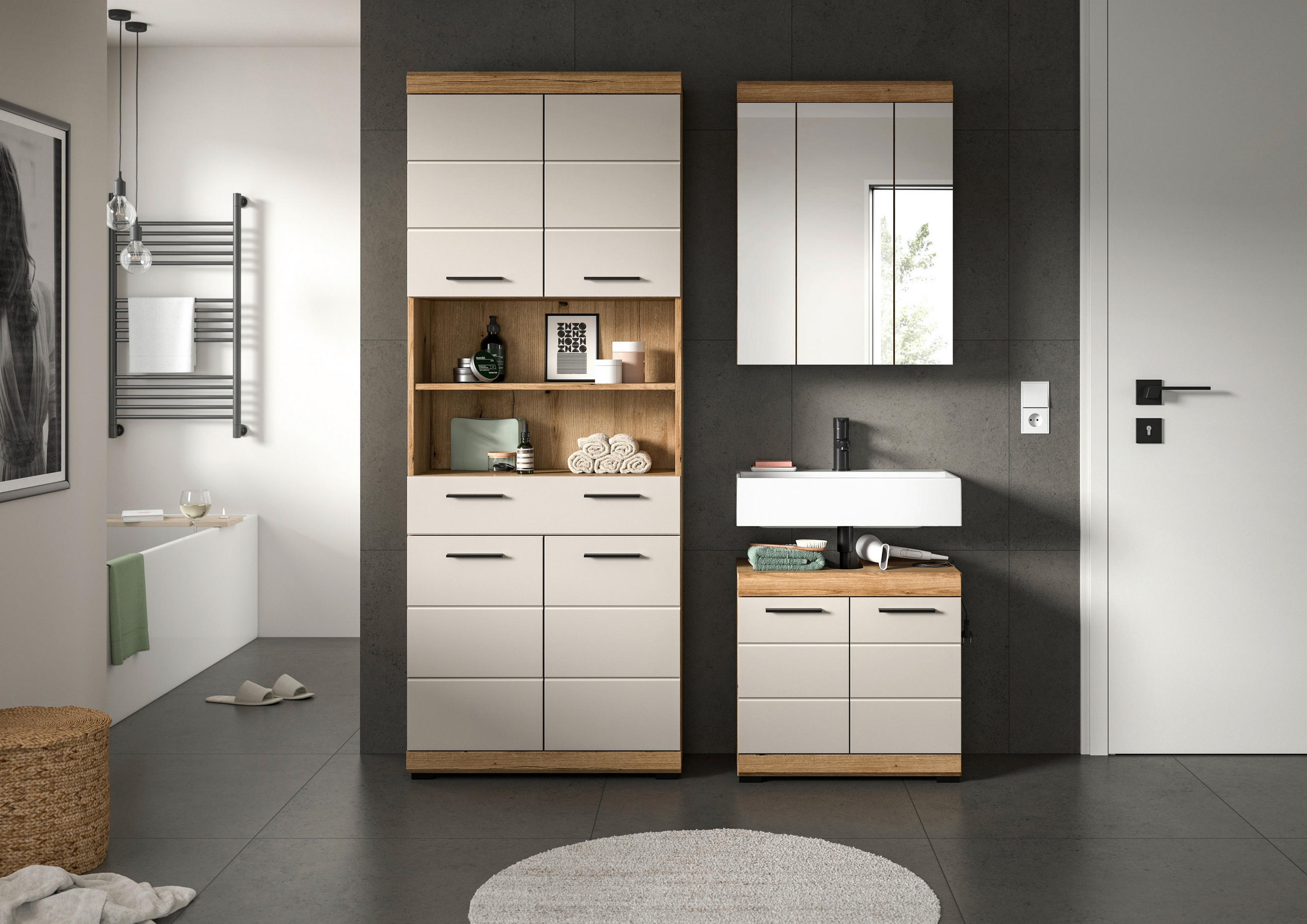BADEZIMMER 3-teilig  in 134 cm  - Kaschmir/Schwarz, MODERN, Glas/Holzwerkstoff (134cm) - MID.YOU
