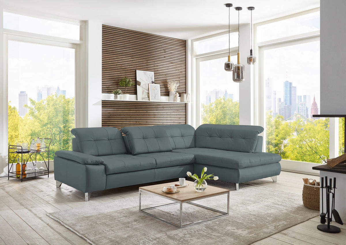 ECKSOFA in Echtleder Blaugrau  - Blaugrau/Alufarben, Design, Leder/Metall (309/211cm) - Beldomo Speed
