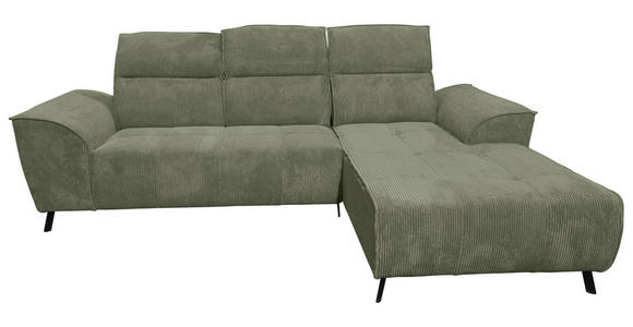 ECKSOFA Salbeigrün Cord Rücken echt, Kopfteilverstellung, Sitzvorzug  - Salbeigrün/Schwarz, KONVENTIONELL, Textil/Metall (290/196cm) - Carryhome