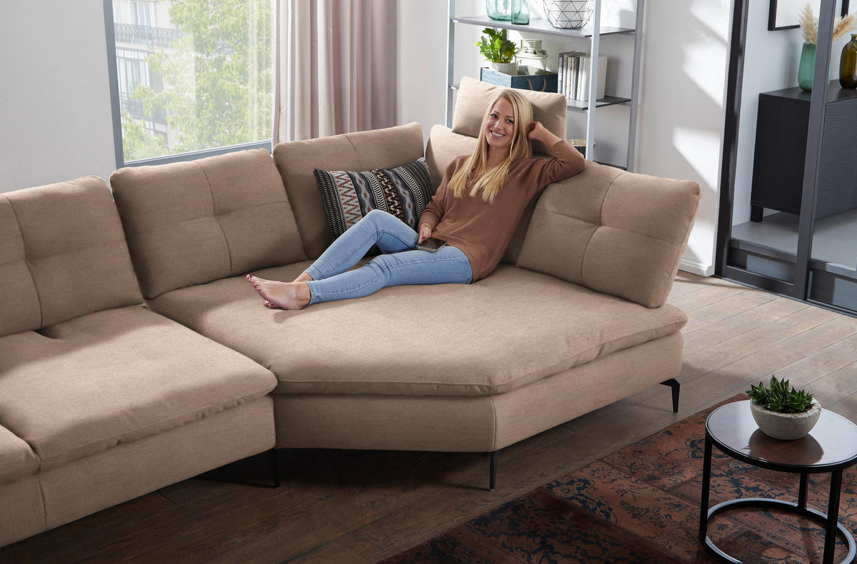 ECKSOFA  in Flachgewebe Taupe  344/157 cm  - Taupe/Schwarz, Design, Textil/Metall (344/157cm) - Chilliano