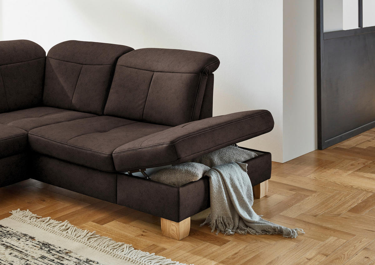 WOHNLANDSCHAFT Dunkelbraun Mikrofaser  - Wildeiche/Dunkelbraun, KONVENTIONELL, Holz/Textil (185/343/243cm) - Voleo