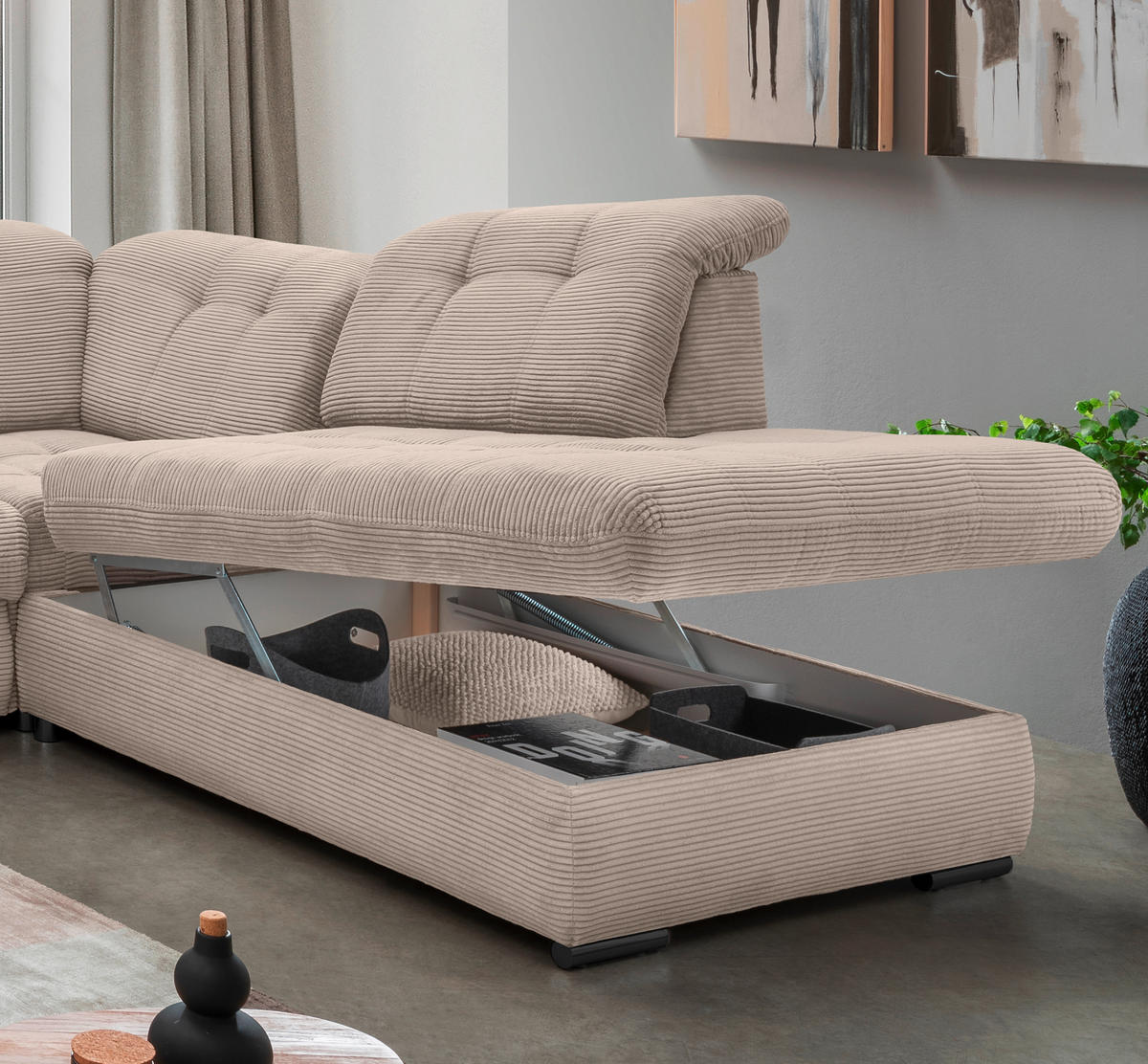 SALON PANORAMIQUE in Cord Beige  - beige/noir, Modern, textile/métal (184/387/252cm) - Livetastic