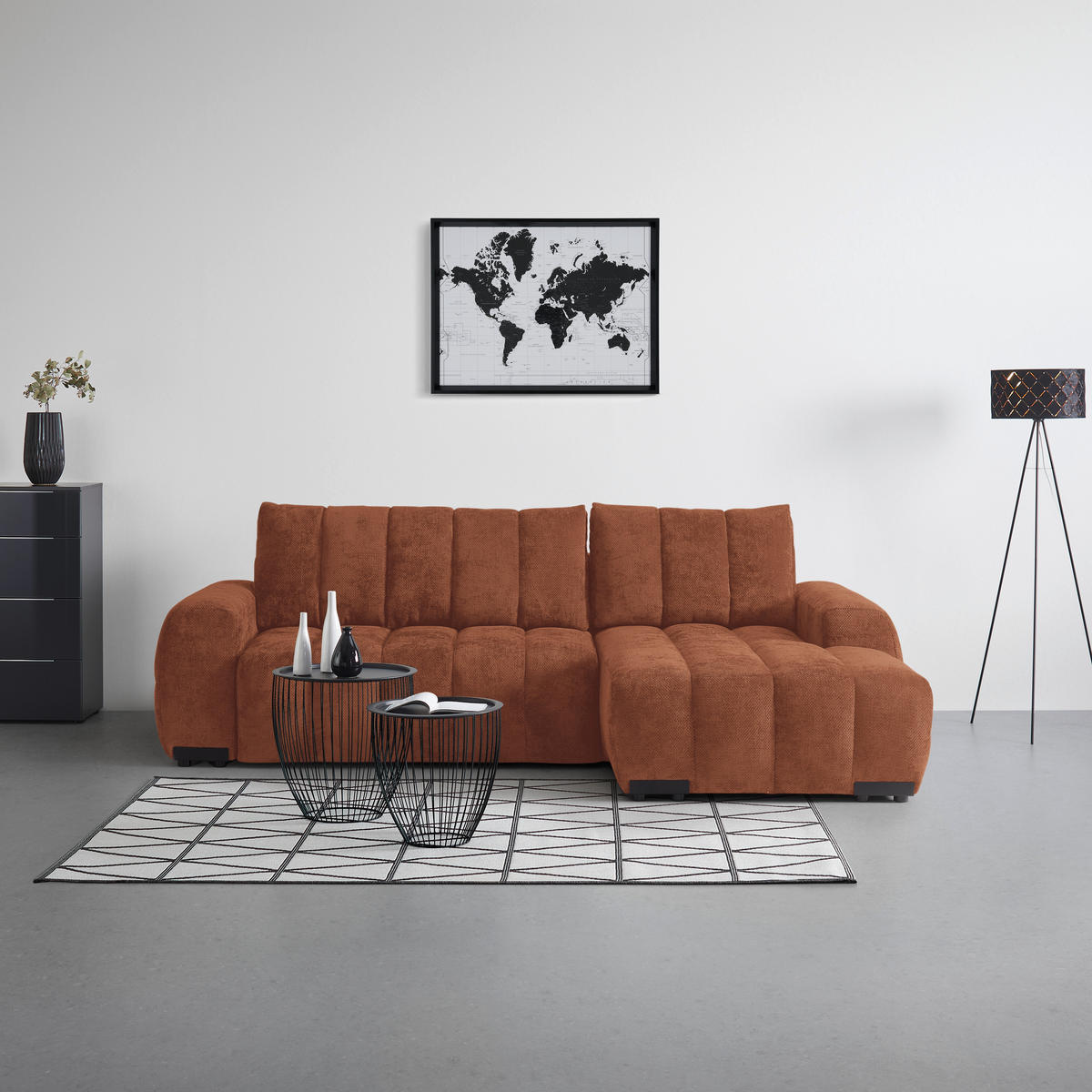 ECKSOFA Flachgewebe Terracotta  - Schwarz Hochglanz/Terracotta, Modern, Textil/Metall (273/93/166cm) - MID.YOU