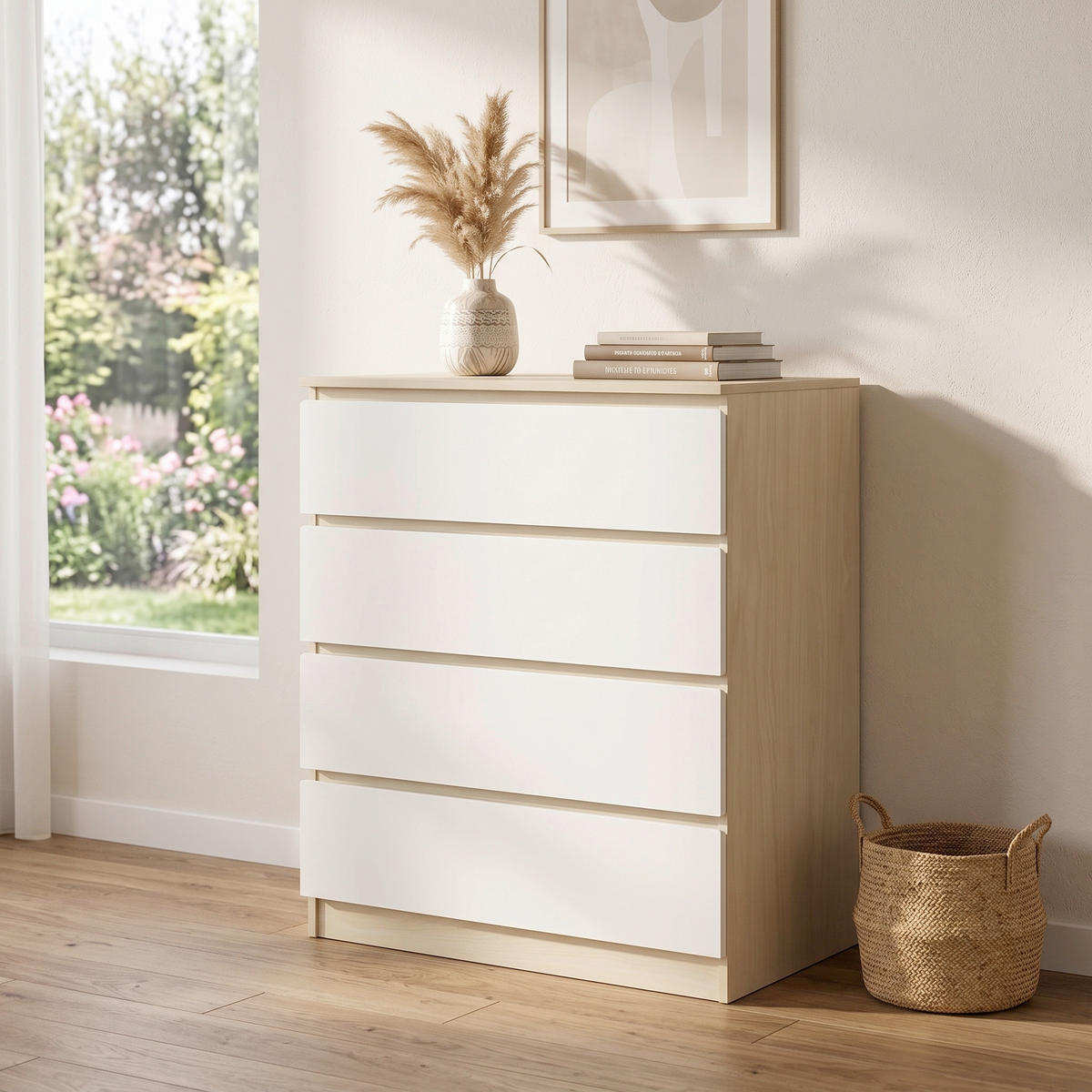 KOMMODE , 80/93,5/39,5 cm, 4 Schublade(n)  - Weiß/Naturfarben, Design, Holzwerkstoff (80/93,5/39,5cm) - Livetastic