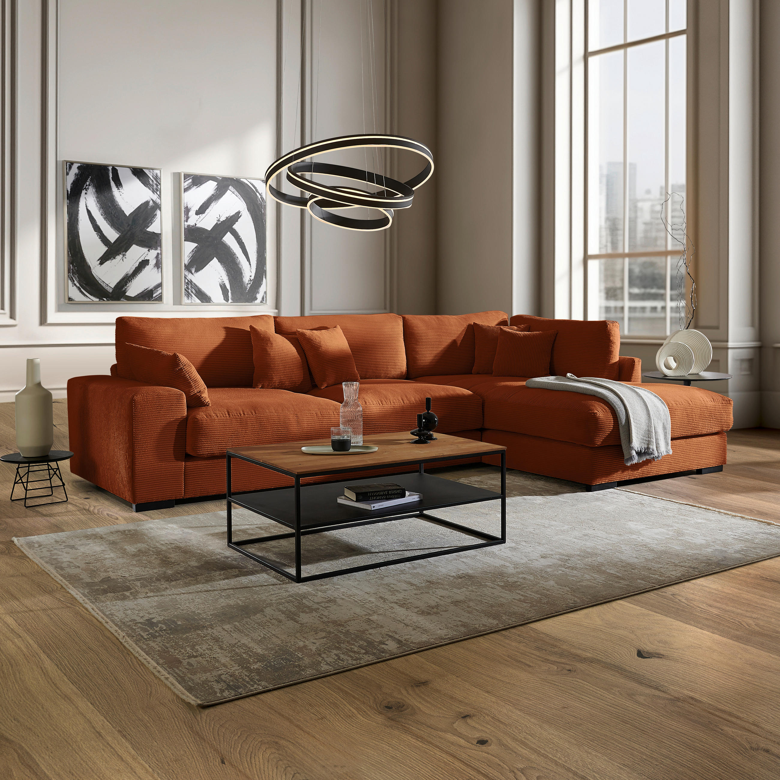 ECKSOFA in Cord Kupferfarben  - Schwarz/Kupferfarben, Design, Kunststoff/Textil (340/205cm) - Lomoco